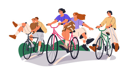 Canvas Print - Friends group riding bicycles, laughing, having fun, cycling together. Happy joyous carefree young people on bikes, active summer vacation. Flat vector illustration isolated on white background