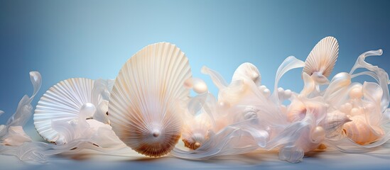 Wall Mural - Copy space image of seashells adorned with delicate floral patterns or illuminated by soft ethereal light