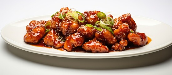 Wall Mural - A well presented General Tso s chicken captured from a close up top perspective elegantly arranged and displayed on a pristine white plate with empty space for additional imagery