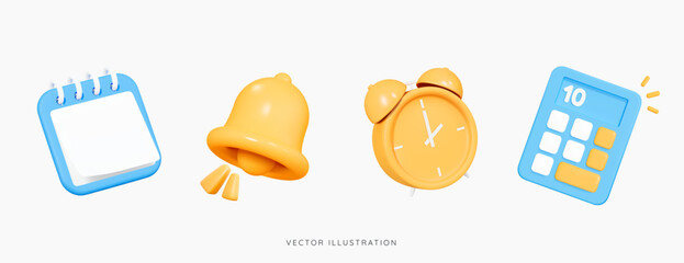 3D Cartoon office set emoji icons. Yellow alarm clock, bell, blue calendar and calculator. Business and education concept. School objects. New notification. Work elements. 3D Vector Illustration