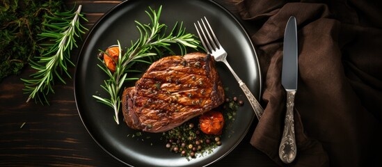 Wall Mural - The white ceramic plate holds a delicious piece of roast lamb steak veal pork or beef It s accompanied by spices and placed alongside a fork and knife This top view image offers ample copy space