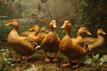 Canvas Print - Tranquil scene featuring a flock of ducks near water amidst lush greenery