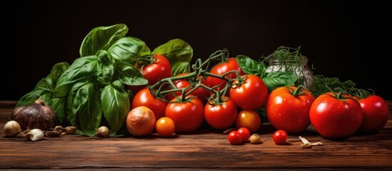 Wall Mural - A vibrant arrangement of ripe tomatoes fresh spinach and aromatic spices beautifully displayed on a wooden table with ample copy space for an image