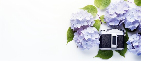 Wall Mural - Top view of a concept featuring a photo camera and hydrangea flowers on a white background The image is a flat lay with ample copy space