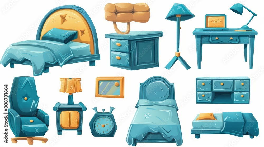 Cartoon set of groovy bedroom furniture isolated on white background