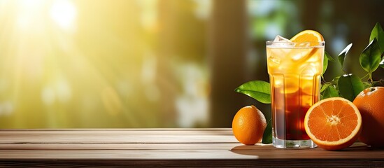 Poster - The delicious and refreshing beverage made with a combination of coffee and orange juice is placed on a wooden table with a blurred background for a copy space image