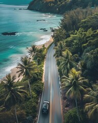 Car driving tropical beach road trips holiday Top view drone urban street road seaside during sunset Most green coconut trees wood summer famous landmark in Phuket