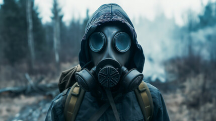 A man in survivor in gas mask, Environmental disaster, Post apocalyptic survivor, Armageddon concept