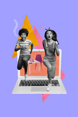 Vertical photo collage of astonished black white girl friends run macbook device furniture shop sale shopper isolated on painted background
