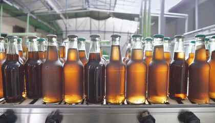 bottled capped beers standing synchronized on the production line of a modern beer factory 
