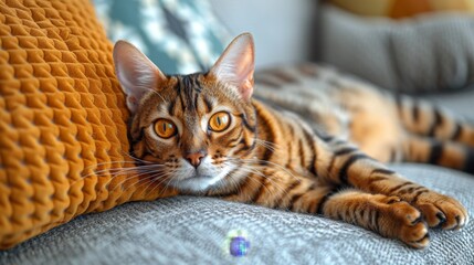 Poster - AI generated illustration of a striped cat resting on a couch beside an orange pillow