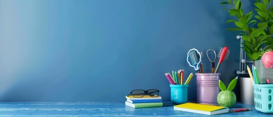 Wall Mural - A chalkboard with school supplies is shown on a blue background. This is an image of a classroom with education supplies.