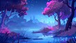 An illustration of a natural landscape with a lake or river in the forest. A fantasy cartoon modern illustration of a water pond or swamp in the forest with pink and purple trees, bushes and grass on