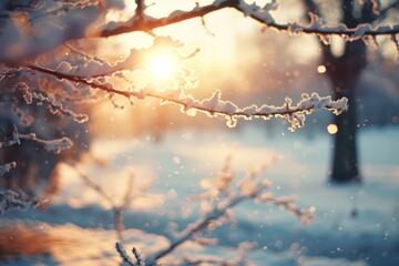 Aufkleber - This detailed image captures the exquisite beauty of shimmering snow on tree branches, backlit by a golden sunset