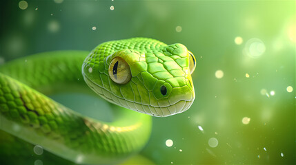 Wall Mural - Green snake as a symbol of the New Year on a light background with bokeh and copy space. Close-up in Christmas and New Year style.