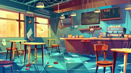 Wall Mural - This modern illustration shows an abandoned cafe with dusty furniture and broken glass. There is stale bread on the shelves, a mouse on the counter, a spider web on the walls, and a damaged menu