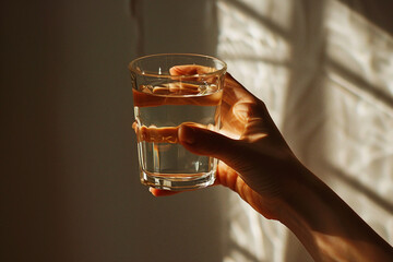 Wall Mural - Close up image of woman hold glass fresh water made by generative ai technology