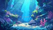 The ocean underwater boulder with fish modern background. Deep sea under water reef life with animals and seaweed plants. Tropical aquatic habitat wildlife drawing environment. Aquarium ecosystem