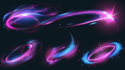 Wall Mural - The magic power light trails set is isolated on transparent background. Illustration of lightning strike, missile, fantasy laser arrow, shooting star motion effects in neon blue and pink colors.