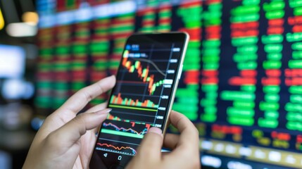 Fototapete - Businessman use smartphone in hand trading online stock exchange market charts graph board data investment economic on mobile screen Set index thai stock market : Bangkok, Thailand