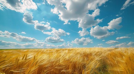 Wall Mural - field of golden wheat swaying in the wind under a blue sky 