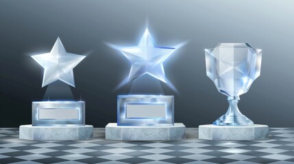Wall Mural - Modern illustration of rhombus and star shape winner trophies on plastic platforms, honor prize for best result in competition, isolated on transparent background.