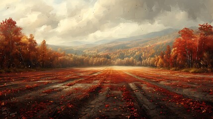 A detailed landscape view of fertile autumn earth, showcasing rich, earthy textures and a tapestry of fall colors, capturing the essence of a bountiful harvest season.