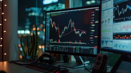 Poster - Charts of financial instruments with various type of indicators including volume analysis for professional technical analysis on the monitor of a computer.