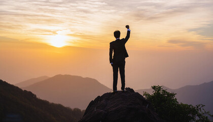 silhouette of a businessman in a suit standing on a high mountain peak with one hand raised. 