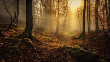 Wall Mural - Mysterious dark forest with fog and sunbeams.