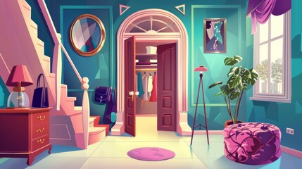 Wall Mural - In this cartoon modern home corridor hall inside view, there are closet and hangers and a pouf and mirror, along with clothes and shoes. Cartoon modern home hallway interior with entrance door, arch