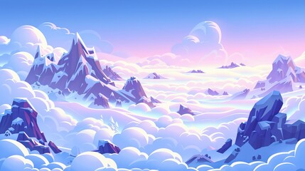 Wall Mural - The peaks of snow-covered high rocky mountains are seen above clouds in snowfall weather. The snowy stone tops of the hills are seen above haze against a cloudy sky during a blizzard. Cartoon modern