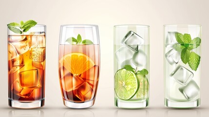 Sticker - This mockup illustrates transparent cocktail glasses used for well drinks at bars and restaurants. The set also includes realistic modern illustrations of shiny crockery and cafe tableware, as well