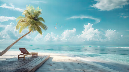 Wall Mural - Island Paradise: Sunny Beach Scene with Turquoise Waters and Palm Trees