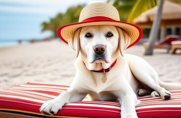 Dog wearing summer hat relaxing sitting on deckchair in the sea background.