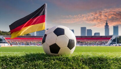 Wall Mural - German flag with football in a stadium for the European Championship, Leipzig City Skyline