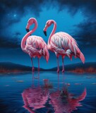 Fototapeta Motyle - Two flamingos enjoying the silent evening in the water under the cloud cover