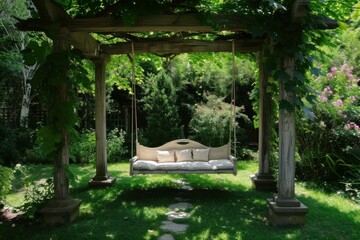 Wall Mural - Comfortable Beautiful wood swing backyard. Outdoor seat. Generate Ai