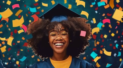 Joyful African American graduate celebrating with confetti, wearing cap and gown