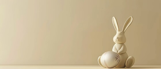 Poster - Three-dimensional rendering of a bunny with an easter egg against a cream-colored background.