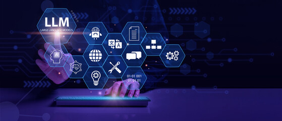 llm, ai large language model concept. businessman working on laptop with llm icons on virtual screen