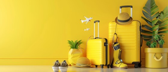 Wall Mural - Travel concept. Yellow suitcase with travel accessories. 3D rendering.