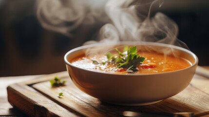 Sticker - Fresh delicious home cooked soup with steam on wood deck