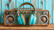 Retro radio with a pair of modern matching headphones on a wooden table against a blue wooden wall. A contrast of vintage and modernity.