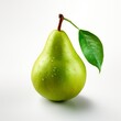 A green pear with a single leaf. The pear is isolated on a white background.