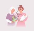 Young female doctor, midwife, doula with a big bouquet of flowers and happy mother hold newborn baby  in maternity hospital. Vector illustration