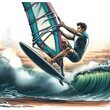 An athlete on a windsurfing sailing board performs a trick by jumping on a high wave