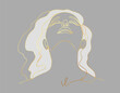 Woman face continuous golden line drawing. Minimal girl portrait hand drawn. Modern female head Logo, icon on gray background, label.