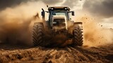A large tractor is driving through a dusty field. The dirt is kicked up by the tires, creating a cloud of dust behind the machine. Concept of hard work and determination