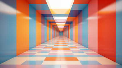 An image of an architectural symmetrical structure in the form of columns in colourful colours \ tones with receding perspective and ideal rhythms. Generative AI	
